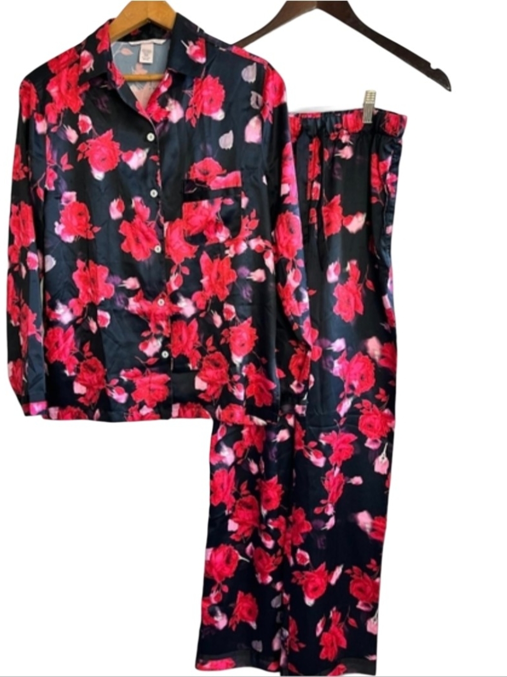 Victoria's Secret Women's Black And Red Floral Satin Pajama Set Size L